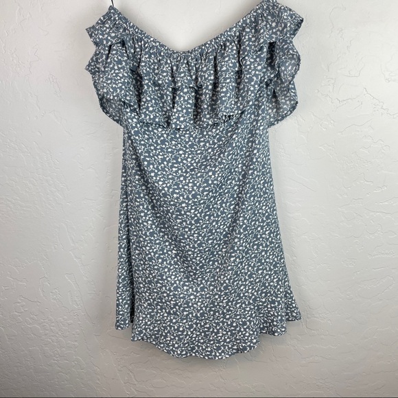 Forever 21 Floral Printed Strapless Ruffle Mini Dress in‎ Blue Faux Wrap Front M - Picture 7 of 8